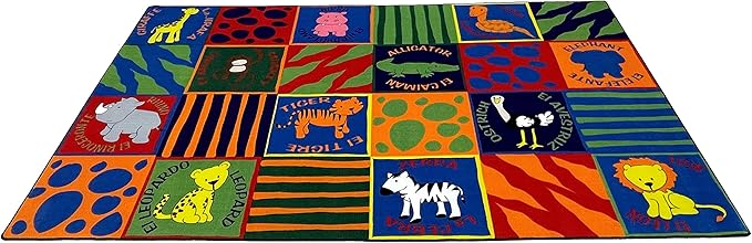 KIDCARPET.COM Bilingual Animals Nylon Area Rug, 4' x 6', Multicolored, Educational Classroom Rug, Kids Learning Play Mat | Area Rug for Bedroom or Playroom