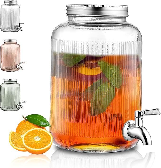 Berglander Glass Drink Dispenser for Fridge, 1 Gallon Beverage Dispenser with Leakproof Stainless Steel Spigot, Water, Lau...