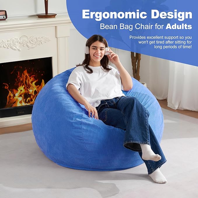 Homguava 3.5FT Bean Bag Chair: Teardrop Bean Bags with Memory Foam Filled, Compact Beanbag Chairs Soft Sofa with Corduroy Cover (Blue)