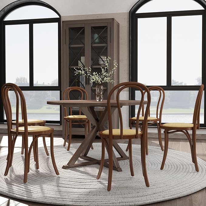 DM Furniture Walnut Dining Chairs Set of 6 Mid-Century Modern Rattan Desk Chairs with Backrest, Armless Bentwood Bistro Chairs for Dining/Kitchen Room,Home No Assembly Required, Walnut Wood
