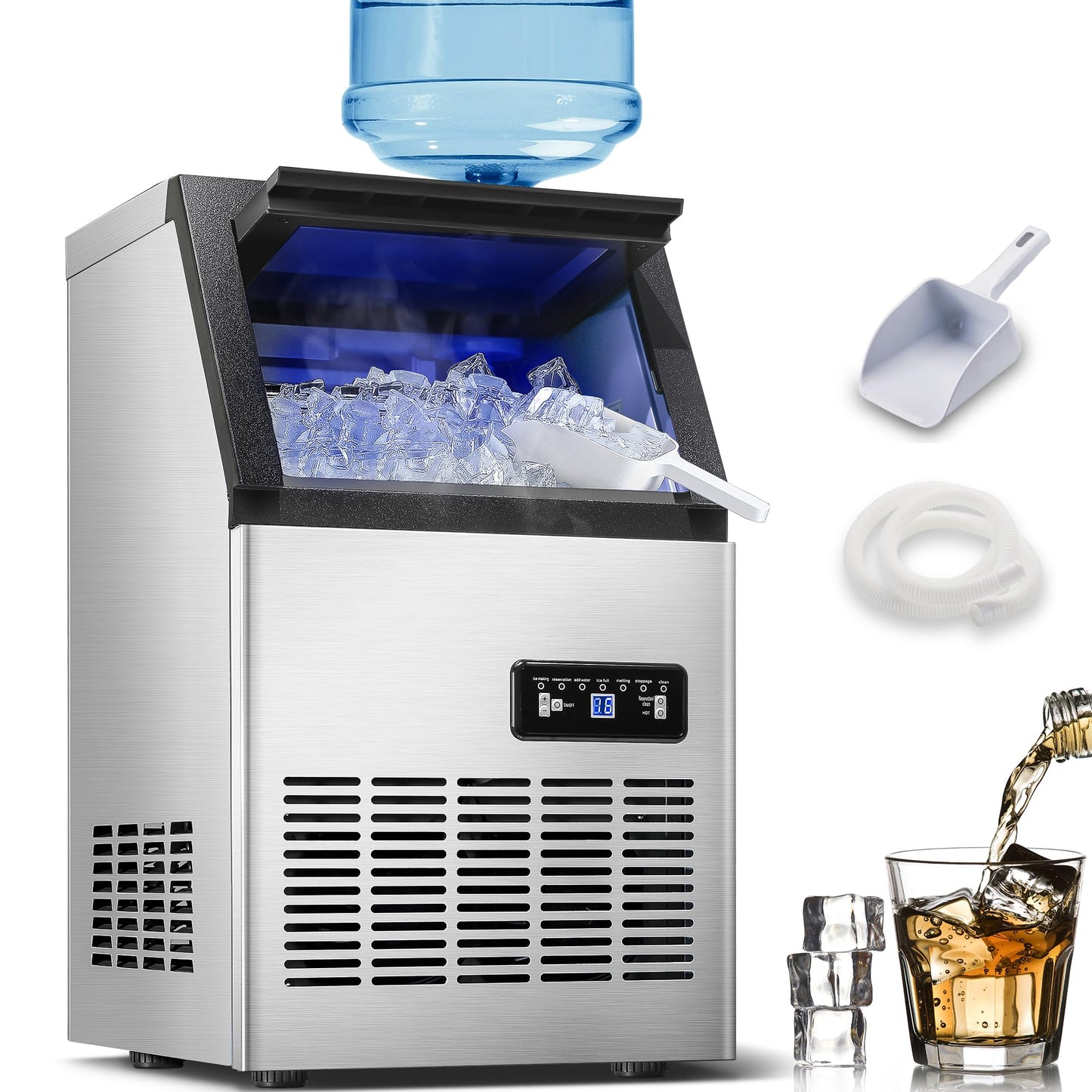 Zomagas 120LBS/24H Commercial Ice Maker Machine, Freestanding Stainless Steel with Adjustable Ice Thickness & LCD Control,40 Cubes/Cycle,Self-Cleaning,Quiet Operation for Home,Restaurant,Bar