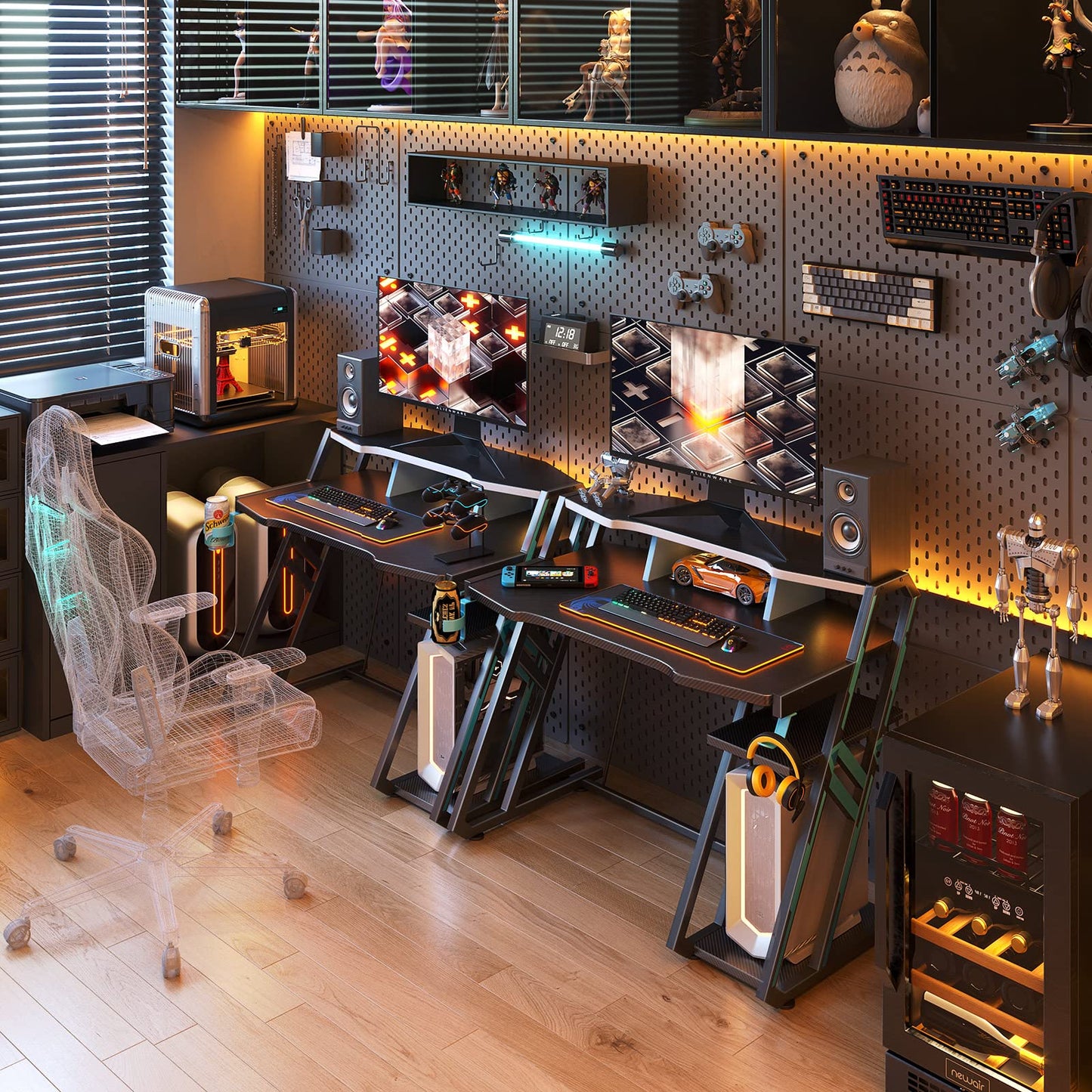 MOTPK Gaming Desk with Storage Shelf 39 inch, Computer Desk with Monitor Shelf, Gaming Table with Carbon Fiber Surface, Gamer Desk with Cup Holder & Headphone Hook, Gift for Boys Men, Black
