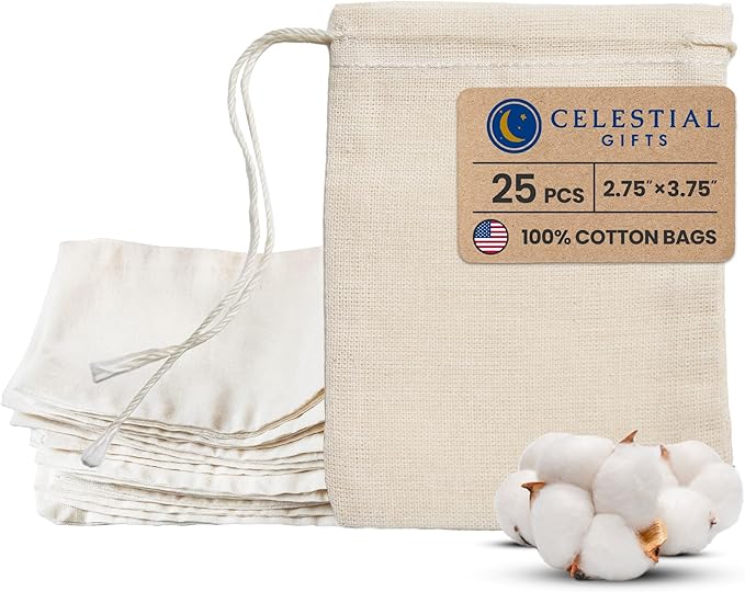 Celestial Gifts Muslin Bags - Drawstring Bags Small 25pcs - 2.75x3.75, Reusable Tea Bags, Jewelry Gift, Spice and Cotton Gift Sachet Bags - 100% Cotton - Made in USA - (Natural Hem & Drawstring)