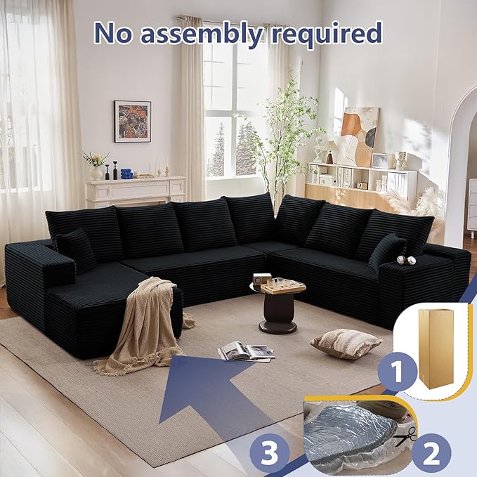 137" Cloud Sectional Couch with L-Shape Chaise, Modern Corduroy Boneless Couch for Living Room,Memory Foam Sofa with Deep Seat,No Assembly Required (Black,Left-Facing Chaise)