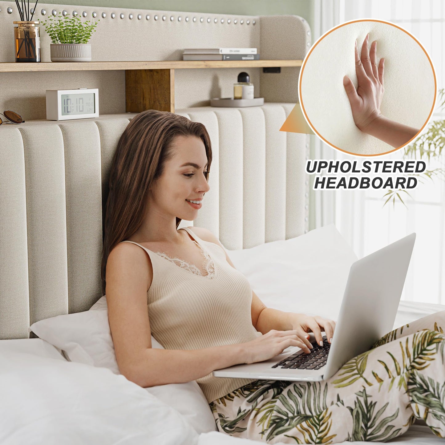 EnHomee Full Size Bed Frame with 2-Tier Storage Headboard, Upholstered Platform Bed Frame with 2 Storage Drawers, Sturdy Wooden Slats Support, Noise-Free, No Box Spring Needed, Beige