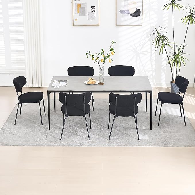 KCC Boucle Dining Chairs Set of 2, Modern Mid-Century Upholstered Stylish Kitchen Chairs Sherpa Accent Diner Chairs with Metal Legs and Curved Back for Kitchen, Dining Room(Black)