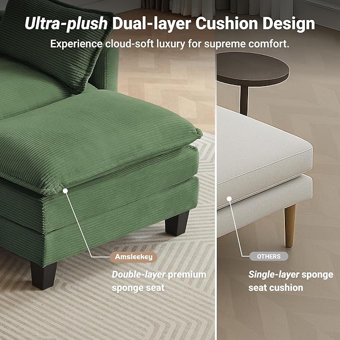 Amsleekey Modular Sectional Sofa, 111.5" U-Shaped Corduroy Comfy Sectional Couches for Living Room, 3-Seater Cloud Couches with 2 Movable Ottomans, Flexible Combination Modern Deep Seat Sofa (Green)