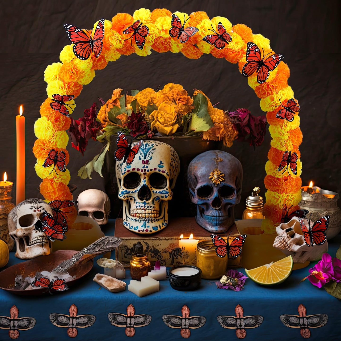 Juinte Day of The Dead Marigold Arch Kit Marigold Flowers Heads Bulk Includes 80 Silk Artificial Flowers 40 Inch Table Arch Kit with 12 Pcs 3D Butterfly for Dia De Los Muertos Indian Diwali Altar DIY