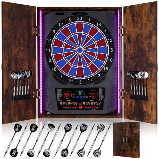 Yirinatek Electronic Dart Board, Electric Dartboard for Adults [12*Bronze Soft Tip Darts] 8-Color LED for 8 Players-Rustic Dart Board Cabinet for Home & Bar - Vintage