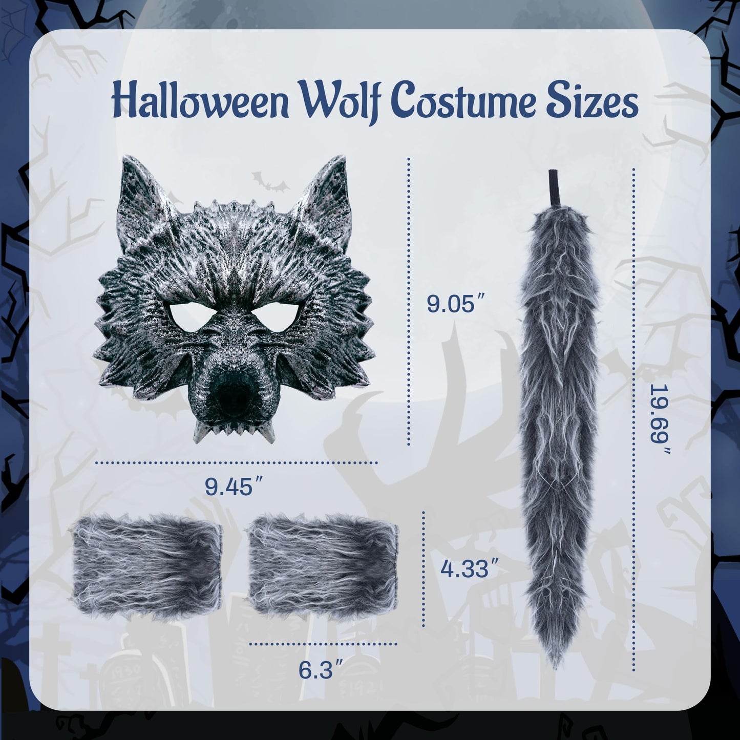 D-Fokes 4 PCS Werewolf Costume Set - Realistic Wolf Mask, Gloves and Tail - Adult & Kids Cosplay Halloween Wolf Mask