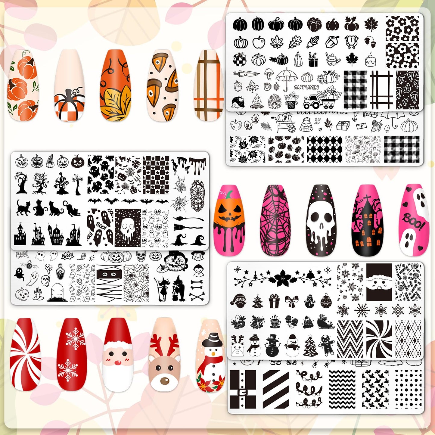Whaline 6Pcs Fall Halloween Christmas Nail Plates Stamping Set Pumpkin Ghost Snowman Stamp Templates Nail Art Plates for DIY Pri