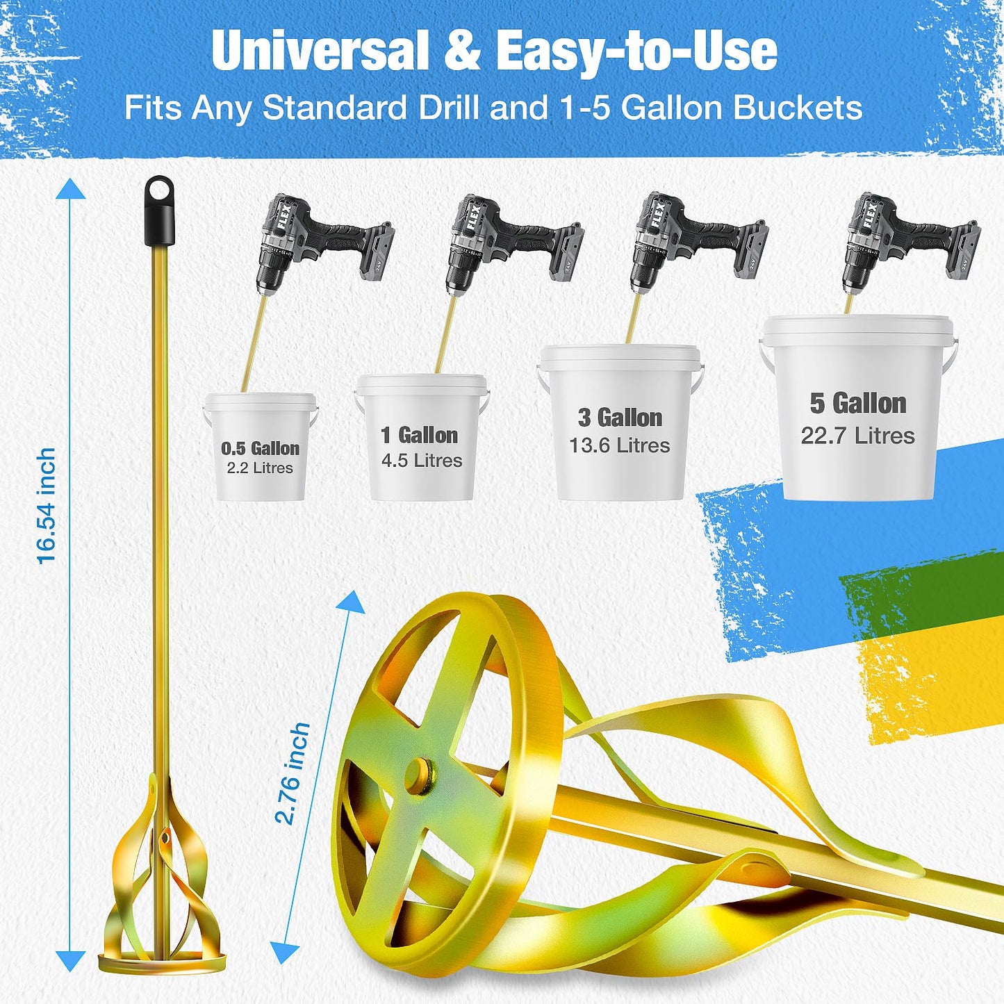 Youtex Paint Mixer for Drill, Upgraded 4-Blade 2.76" Helix Mixing Paddle Rust-Proof Paint Stirrer, Fits All Standard Drills for 1-5 Gallon Bucket, Paints, Resin, Epoxy, Mud, and Slurry