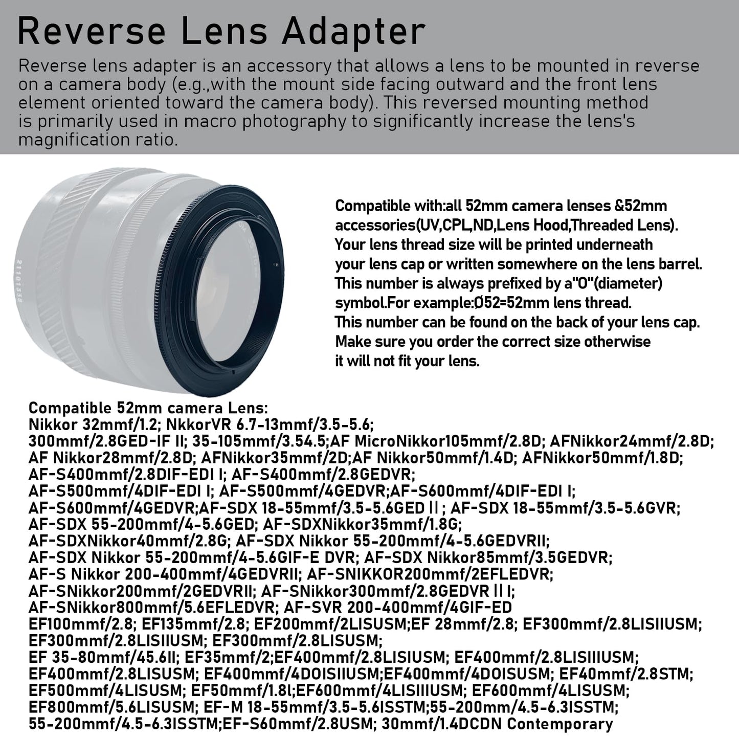 52Mm To Nex Macro Lens Reverse Ring Compatible With A9 A7 A7S A7R A7Ii A7Rii A7Sii A6300 A5100 A6000 A5000 A3000 Nex-5T Nex-3N N