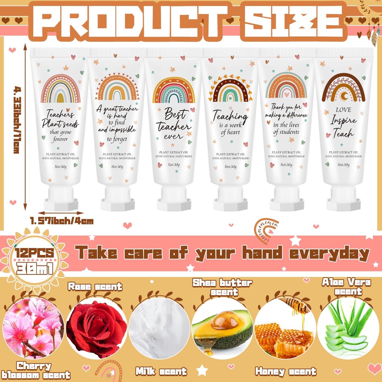 Dansib 12 Pcs Teacher Appreciation Hand Cream Gifts Boho Rainbow 2025 Back to School Thank You Teacher Gifts for Women Travel Si