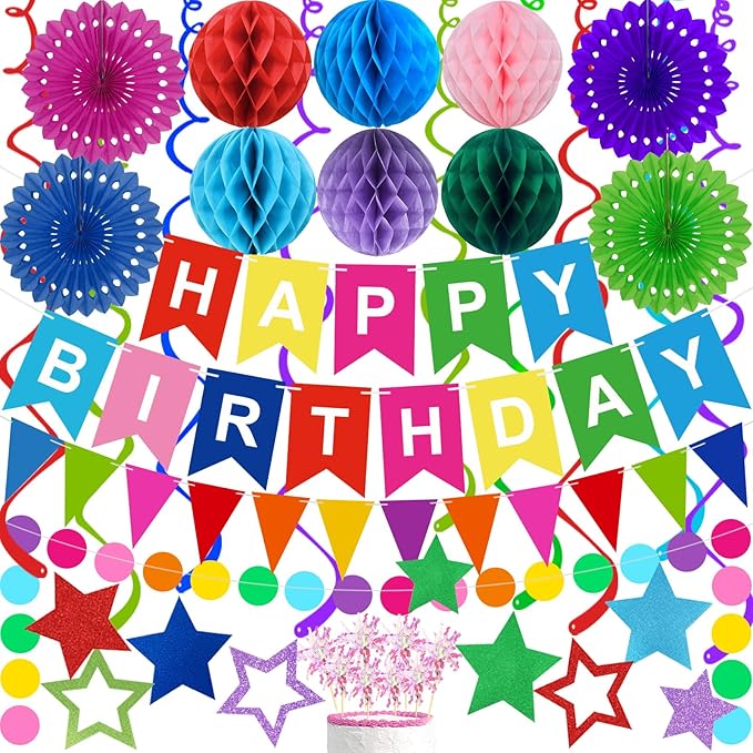 Birthday Decorations Colorful Happy Birthday Banner Paper Fans Honeycomb Balls Hanging Swirl Stars Triangles Dots Garland ...