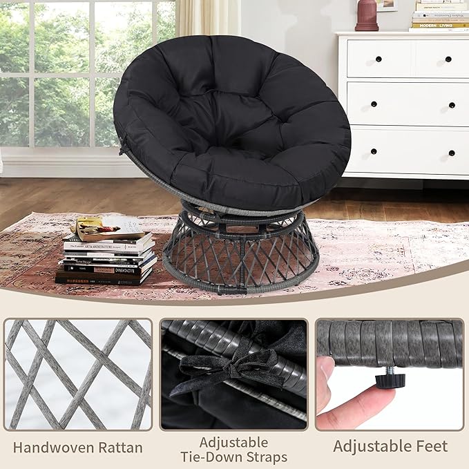 40" Ergonomic Wicker Papasan Chair, 360° Swivel Indoor Outdoor Rattan Chair with Soft Thick Cushion, Ideal for Living Room, Bedroom, Reading Room, Grey Frame with Black Cushion