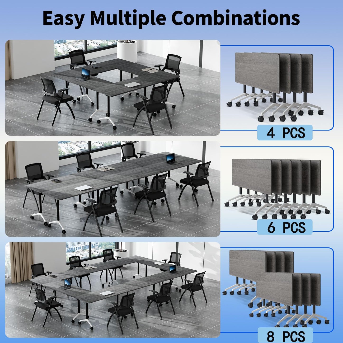 JNMDLAKO Modular Folding Conference Table with Locking Wheels, 8 Pack Flip Top Mobile Training Table, Modern Meeting Seminar Tables for Office, Hotel Conference Room(8,Grey,71" L x 23" W x 29" H)