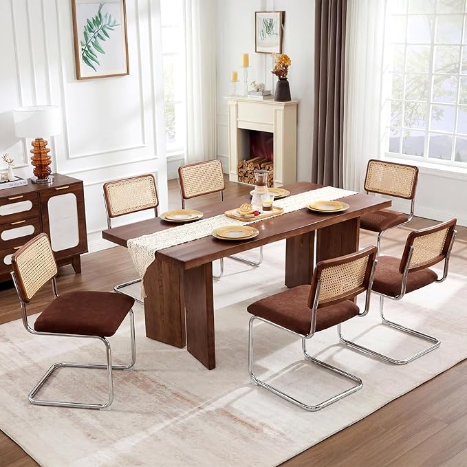 Zesthouse Rattan Dining Chairs Set of 2, Mid Century Modern Dining Room Chairs with Natural Cane Mesh & Chrome Base, Brown Cesca Chair for Kitchen, Breuer Design Inspired, Upholstered Chenille Fabric