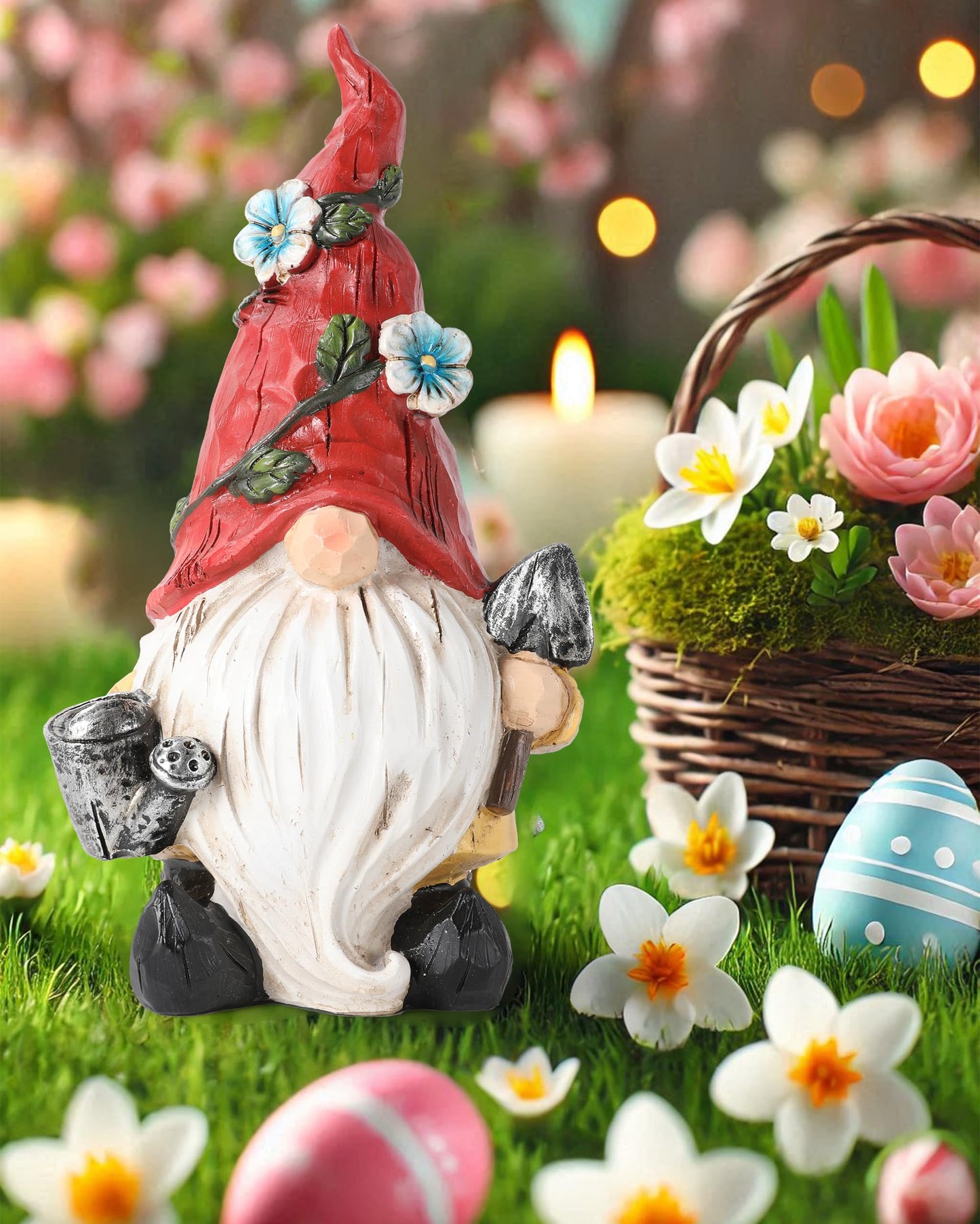 GoGnome Hand-Painted Resin Garden Gnome with Watering can and Shovel Figurine - 9.1" Summer and Spring Decorations for Home and Yard - Ideal Gnome Gifts for Women (Red)