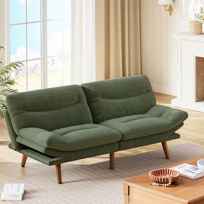 Marsail Futon Sofa Bed, 66” Futon Couch with Adjustable Backrest & Armrests, Convertible Small Sleeper Sofa Bed for Small Apartments, Study Room, Office, Corduroy Loveseat, Dark Green