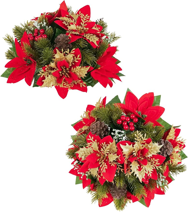 BLOSMON Christmas Centerpieces for Dining Table: 2 Pcs Red Gold Glitter Fake Poinsettia Christmas Flowers Ball Decoration...