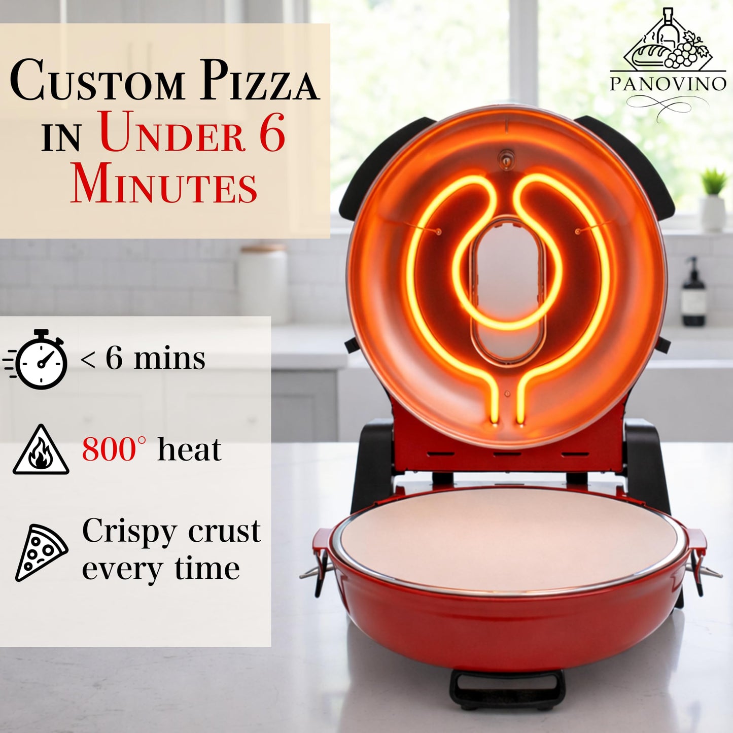 PANOVINO Electric Indoor Pizza Oven | 800°F Countertop Pizza Cooker with 12" Ceramic Stone and Dual Temp Controls | Perfect for Quick Cooking Homemade Pizzas | Compact Design for Kitchen Use, Red