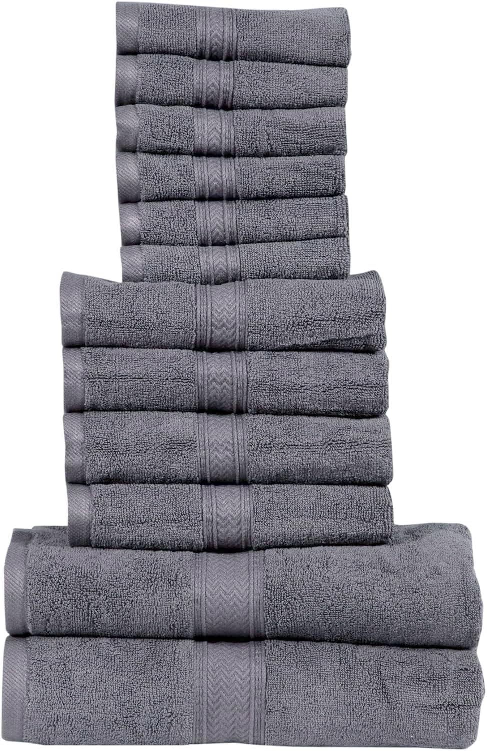 Hillfair 12 piece 600 GSM Cotton Bath Towels - Hotel Spa Quality - 2 Bath, 4 Hand, 6 Washcloths - Absorbent Super Soft Grey Cotton Set