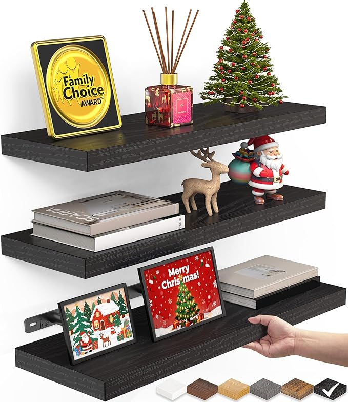 BAYKA Floating Shelves for Wall, Wall Mounted Rustic Wood Shelves for Bathroom, Bedroom, Living Room, Kitchen, Hanging Shelf for Books/Storage/Room Decor with 22lbs Capacity (Black, Set of 3, 15.7in)