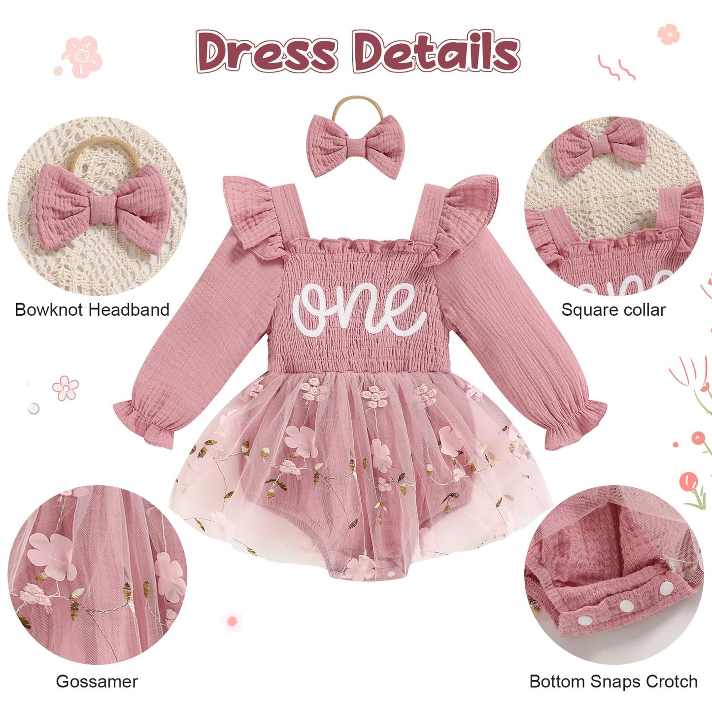 TITKKOP Baby Girl 1st Birthday Clothes One Year Old Tulle Romper Long Sleeve Bodysuit Cake Smash Outfits(rose pink,12-18M)