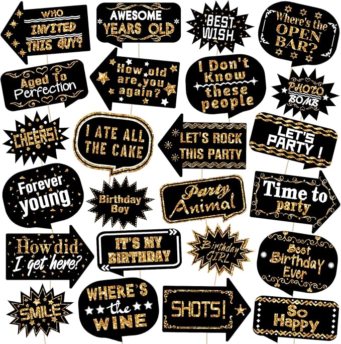Outus 24 Pieces Photo Booth Props Birthday with Stick Happy Birthday Weddings Graduation Prom Bday Wedding New Year Party ...