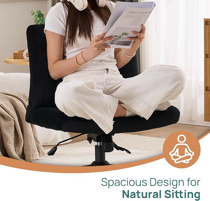 NYPOT Armless Desk Chair with Wheels for Criss Cross Sitting - Cross Legged Wide Armless Chair - Adjustable Vanity 360° Swivel Stool and 120° Rocking Wide Seat Comfy for Home and Office, Black Velvet