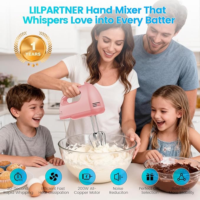 Hand Mixer Electric, Small Food Mixer 7 Speeds Handheld Blender,304 *(1* Whisk, 2* Beater, 2*Dough Hook) Kitchen Blender for Cream, Cookies, Dishwasher Safe, Pink