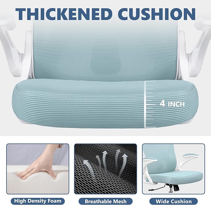 Winrise Ergonomic Office Chair, Mesh Desk Chair with Adjustable Lumbar Support, Flip-Up Armrests, Mid-Back Computer Swivel Task Rolling Chair, Light Blue