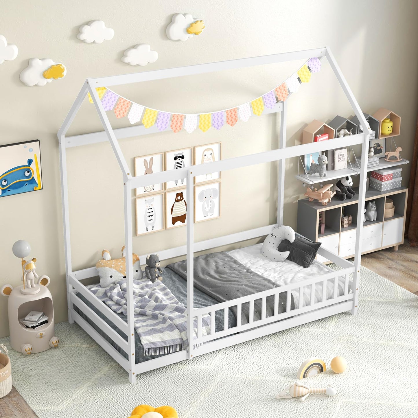 KOMFOTT Twin Size Floor House Bed, Wooden Montessori Bed with Roof & Full-Length Safety Guardrail, Floor Playhouse Bed Frame for Kids, Girls, Boys (White)