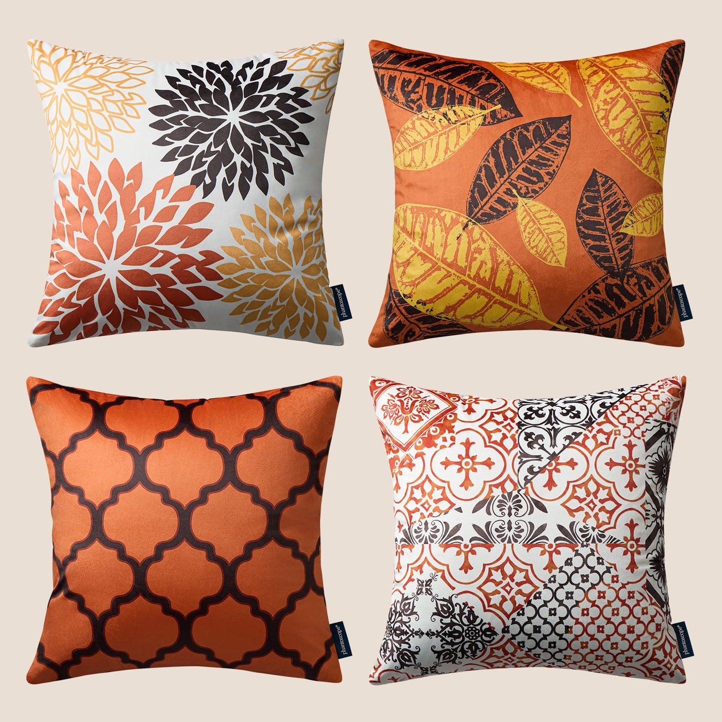 Phantoscope Set of 4 New Living Series Halloween Velvet Pillows Leaf Geometric Throw Decorative Fall Velvet Pillow Cover Cushion Cover, Orange and Black 18 x 18 inches 45 x 45 cm