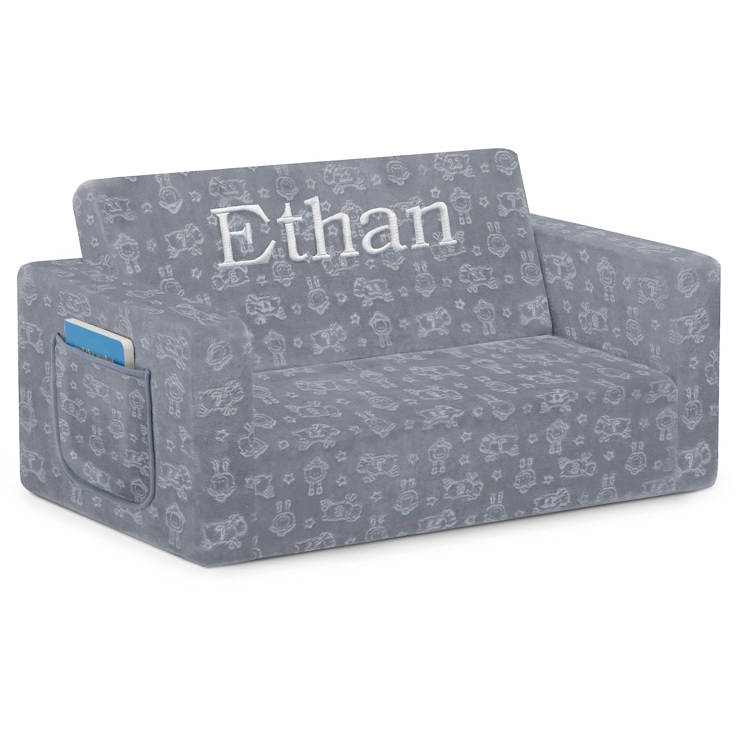 Delta Children Serta Perfect Sleeper Personalized Extra Wide Convertible Sofa to Lounger, Comfy 2-in-1 Flip Open Couch/Sleeper for Kids, Grey