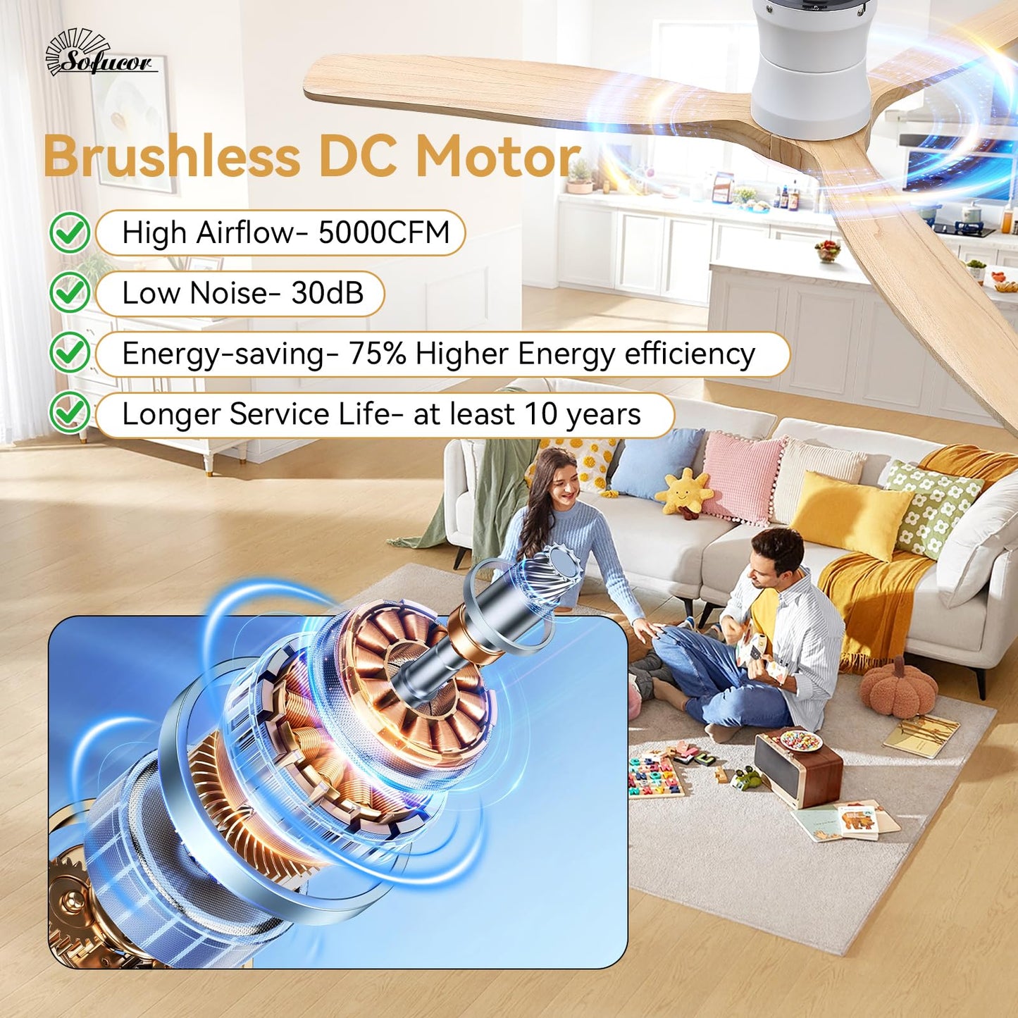 Sofucor 52" Smart Ceiling Fan, Solid Wood Ceiling Fan with Lights and Remote, Flush Mount Ceiling Fan Works with Alexa/Google/App, Dimmable 6-Speed Timing Reversible DC Motor for Bedroom Living Room