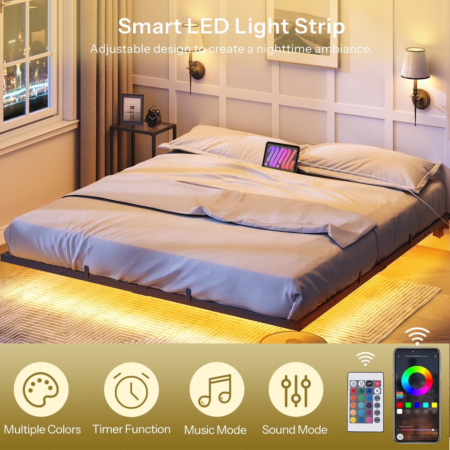 HOOBRO Floating Bed Frame King Size, Bed Frame with Charging Station and LED Lights, Industrial Style Metal Platform King Bed, Soundless, No Box Springs Needed, Black