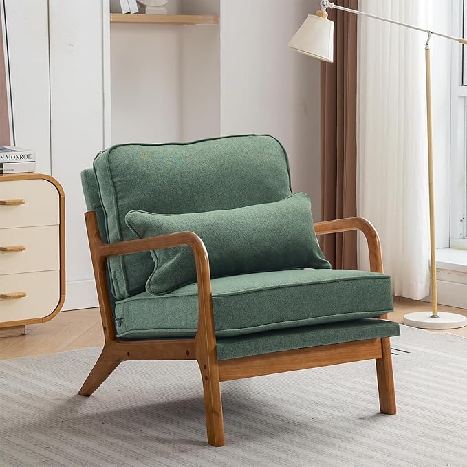 SEYNAR Mid-Century Accent Chair, Linen Fabric Lounge Chair with Wide Armrest,13-16.5'' Low Seat Height Armchair with Lumbar Pillow & Solid Wood Frame for Living Room, Bedroom, Balcony(Green)
