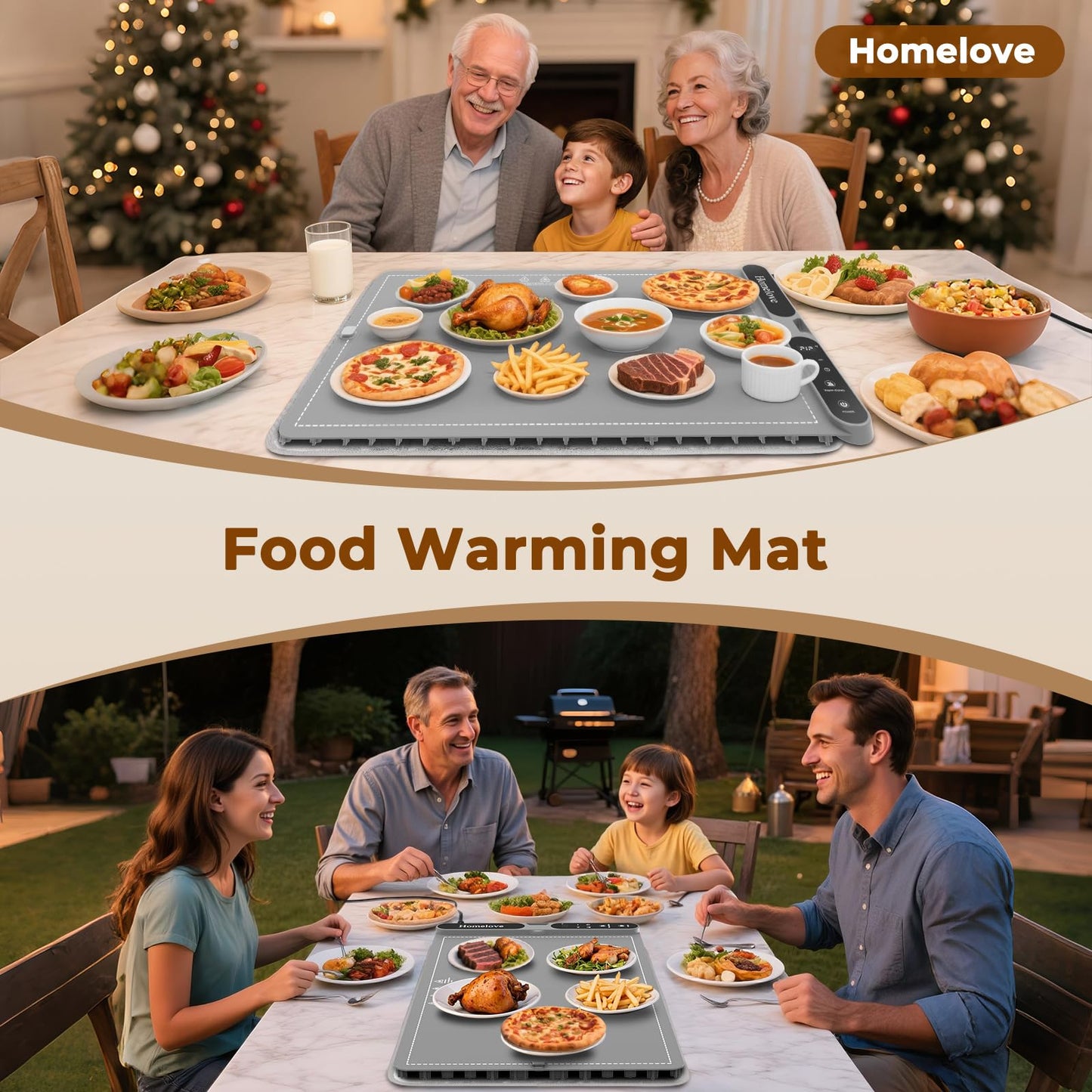 Homelove Warming Mat for Food - Fast Full Surface Electric Warming Tray with 7 Temp-Settings & 8H Timer, Portable Roll Up Food Warmer with Heat Insulation Pad for Gatherings Parties Buffet XL-Grey