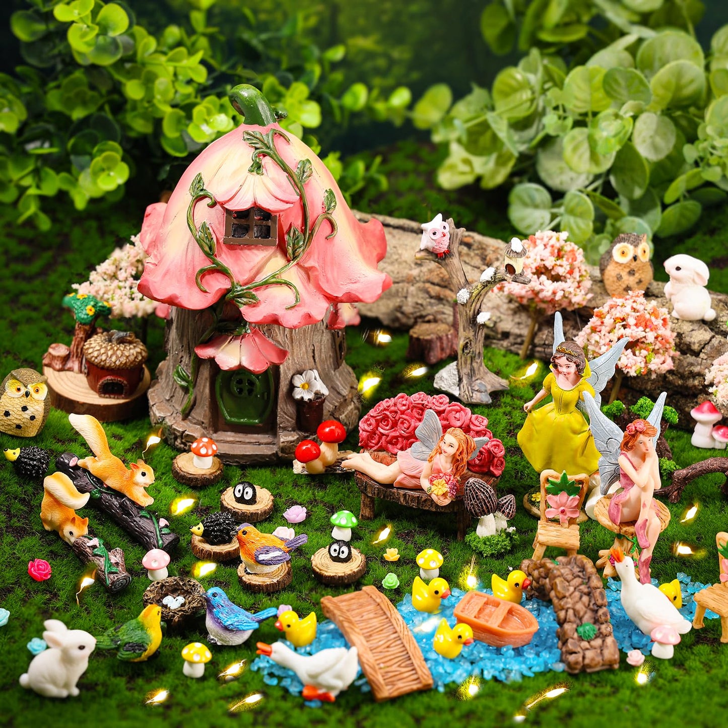 93 Pcs Fairy Garden House Resin Accessories Fairy Elves Kit Miniature Fairy Figurines Ornaments Animals Decor Outdoor for DIY Dollhouse