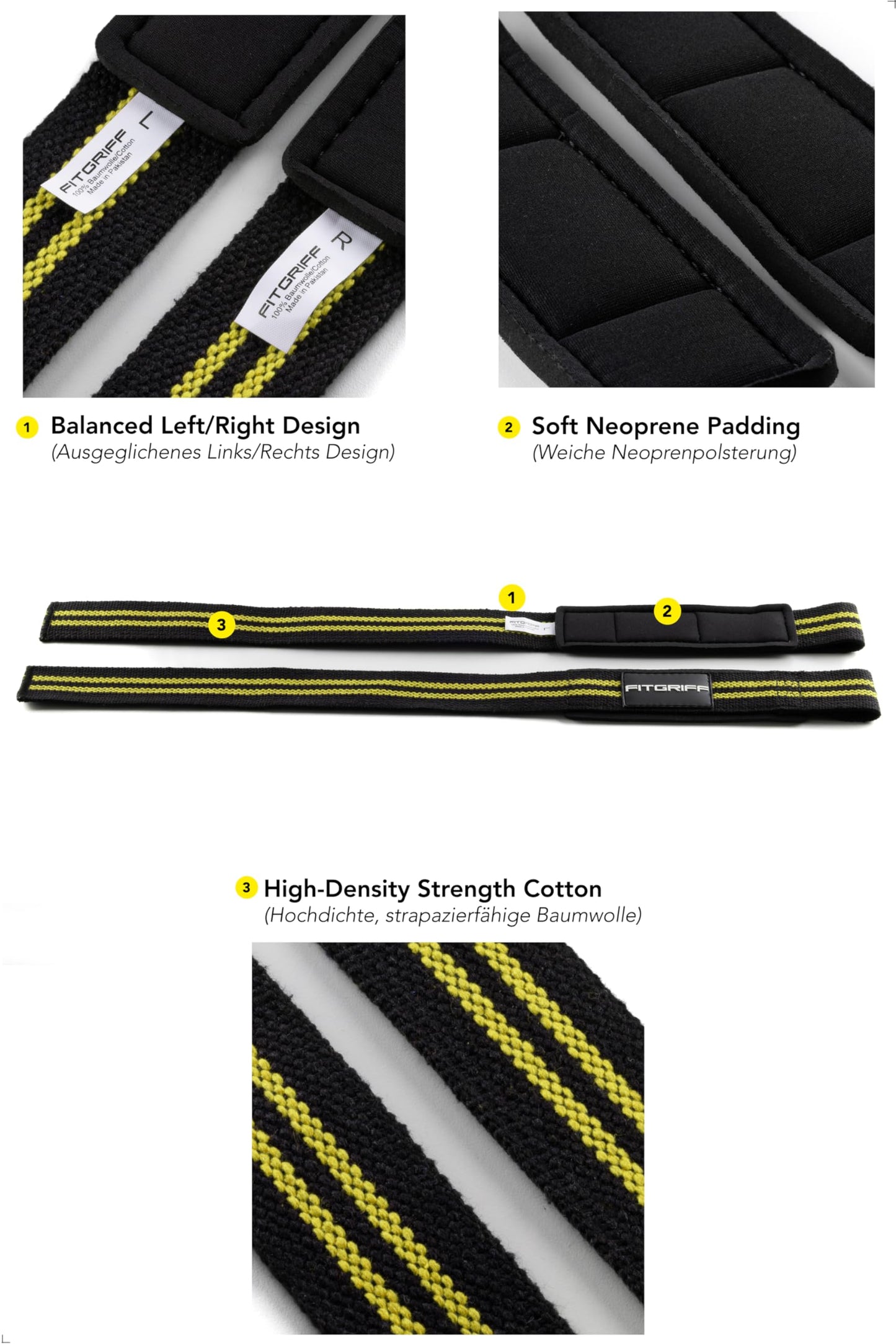 Fitgriff® Lifting Wrist Straps for Weightlifting, Gym, Deadlift, Workout (Made of Premium Cotton & Padded) - Men & Women (Standard, Black/Yellow)