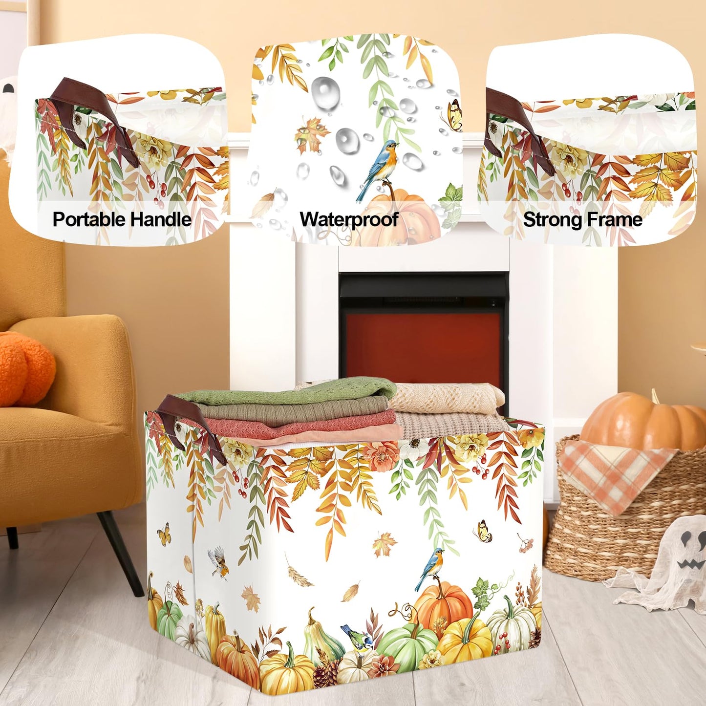 HUUMONSS Fall Thanksgiving Baby Storage Basket Pumpkin Maple Leaf Collapsible Clothes Kids Laundry Hamper Large Boys Girls Gift Toy Box Bin for Nursery Room,Bird,40 * 30 * 30 cm