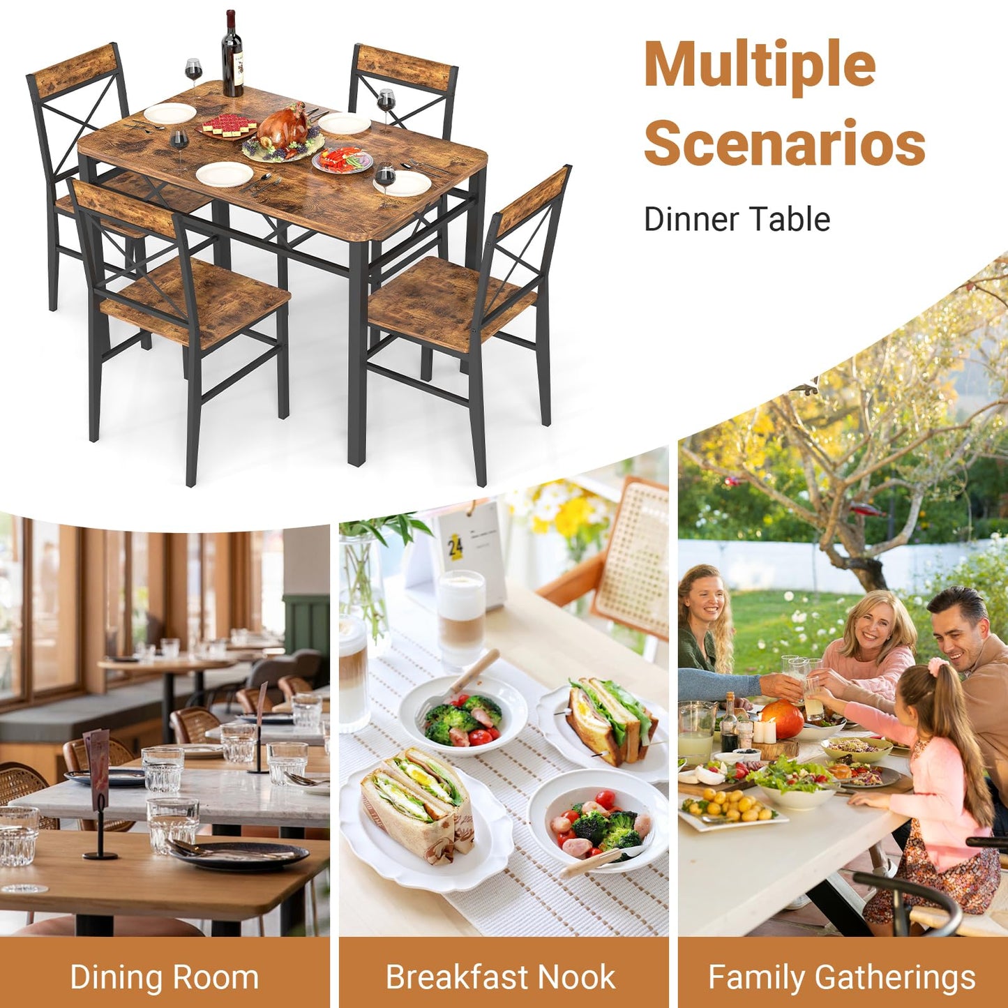 Zevemomo 5-Piece Dining Table Set, Dining Table Set for 4, Small Kitchen Table Set for 4, Wood Dining Room Table, with 4 Curved Backrest Chairs, Compact Dining Set for Small Spaces & Kitchen-Brown