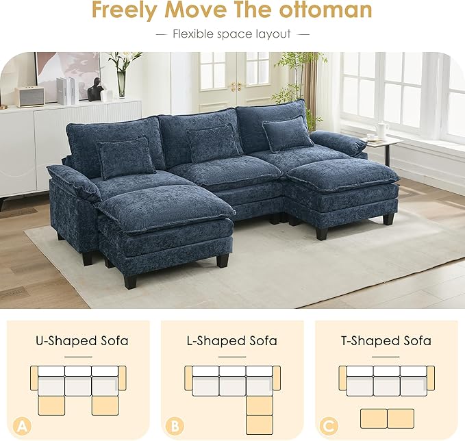 URRED Cloud Couch Modular Sectional Sofa, 122" Modern U Shaped Deep Seat Sofa with 2 Ottomans & Pillows, Ultra Comfy Chenille Couches for Living Room, Bedroom or Apartment, Blue