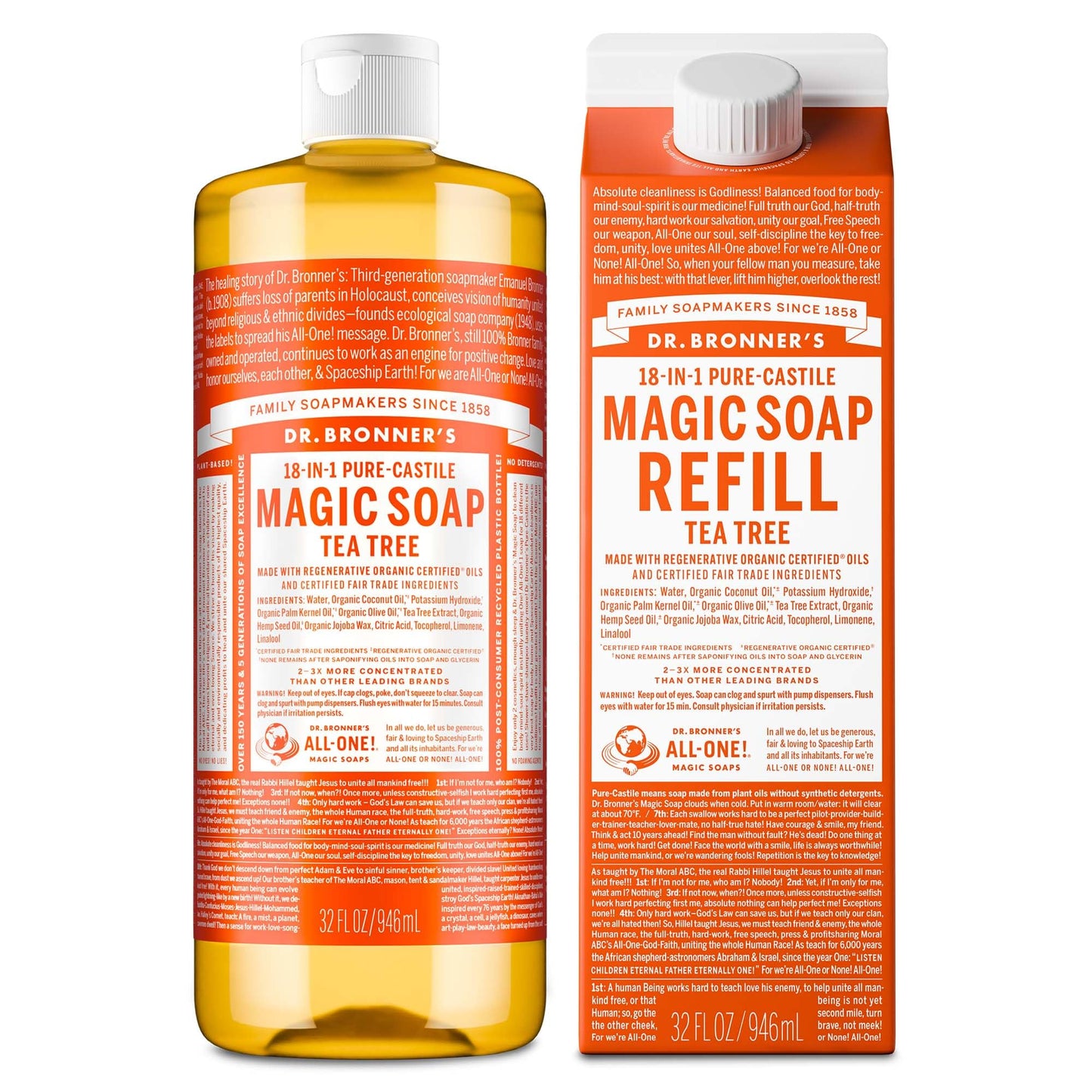 Dr. Bronner's Pure-Castile Magic Soap Liquid- Made with Regenerative Organic Certified Oils- For Body, Face, Hair, Dishes, Laund