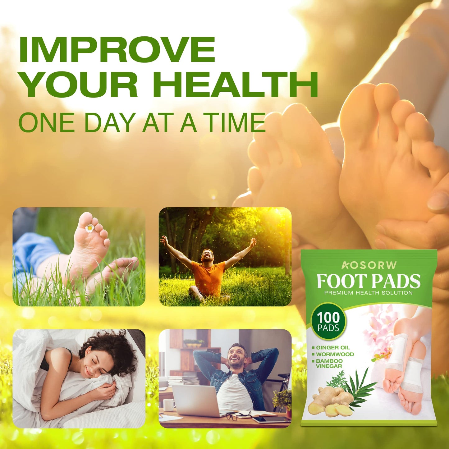 AOSORW 100 Pack Foot Pads, Ginger Oil Bamboo Charcoal Foot Pads, Foot Care Patch, Effective Feet Health Patches, Better Sleep Quality