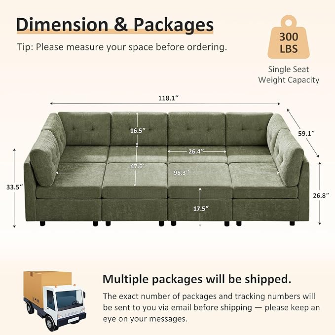 VANOMi 118 Inch Cloud Modular Sectional Sofa, 8 Seater Cloud Sectional Sofa Bed, Chenille Sofas & Couches for Living Room, Apartment, Office, Green