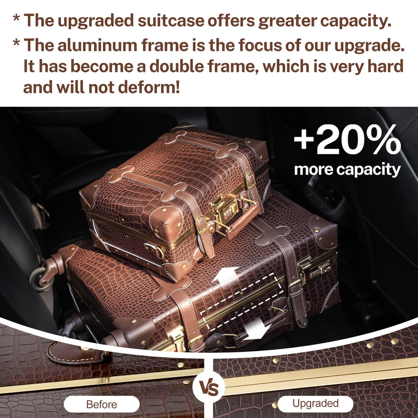urecity Vintage Luggage Set of 2, Retro Suitcase Trunk with Wheels for Men and Women, Cute Designer Travel Luggage Set with Boarding Tote, Luggage Zipperless TSA Approved (20"+12", Brown)
