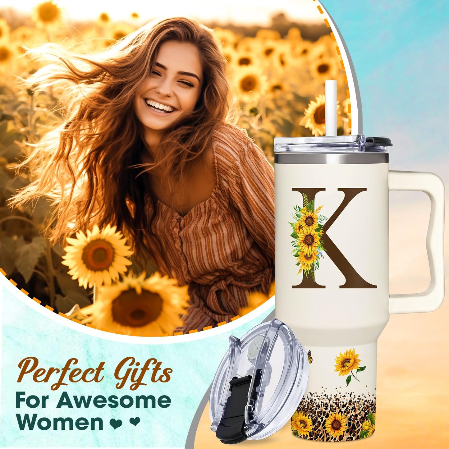 Sunflower Gifts For Women - Personalized Birthday Gifts For Women - Sunflowers Monogrammed Cup For Mother's Day - Customized Gifts For Mom, Grandma, Boss Lady, Her Tumbler With Handle 40oz